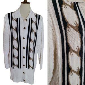 Oleg Cassini 80's White Black Taupe‎ Cotton Cable Knit Midi Cardigan
